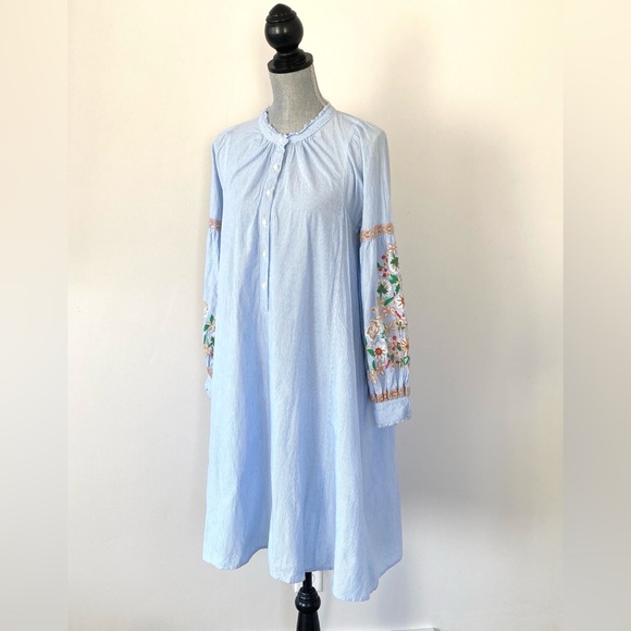 Antik Batik Blue Striped Embroidered Shirt Dress Sz 40 Boho Cottage - Picture 3 of 13